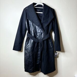 Kenneth Cole Trench Coat XS Black Mixed Media Vegan‎ Leather Modern Capsule NWT